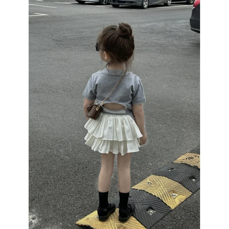 

Children's Tops2024Summer New Girls' Baby Waist-Leaking Short SleeveTT-shirt Children Western Style Pleated Skirt