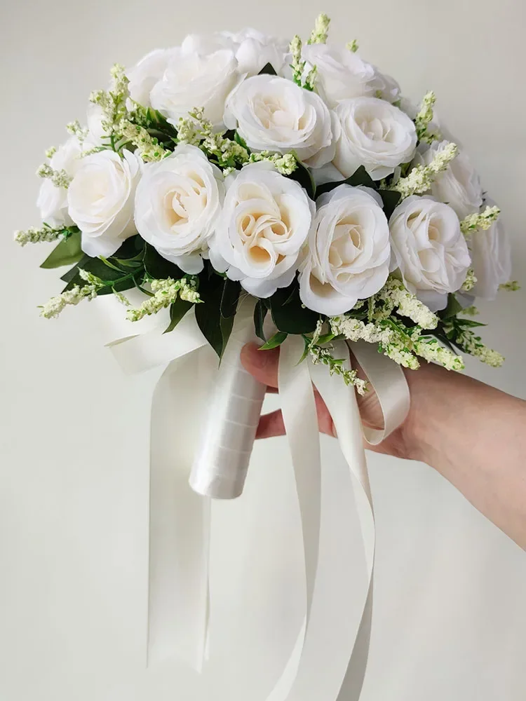 Buquê de casamento branco para noiva, dama de honra, rosas de seda, flores artificiais, buquê de casamento, acessórios de casamento, corpete