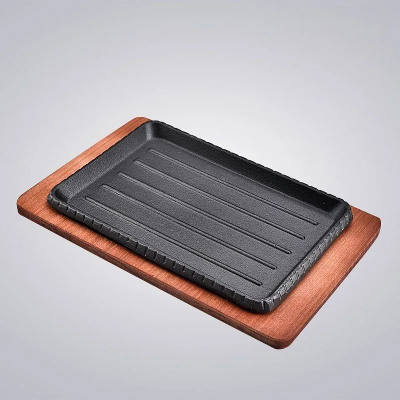 Wholesale Cast Iron Striped Steak Plate BBQ Grilled Plate Rectangle Sizzle Griddle Steak Pan with Wooden Base