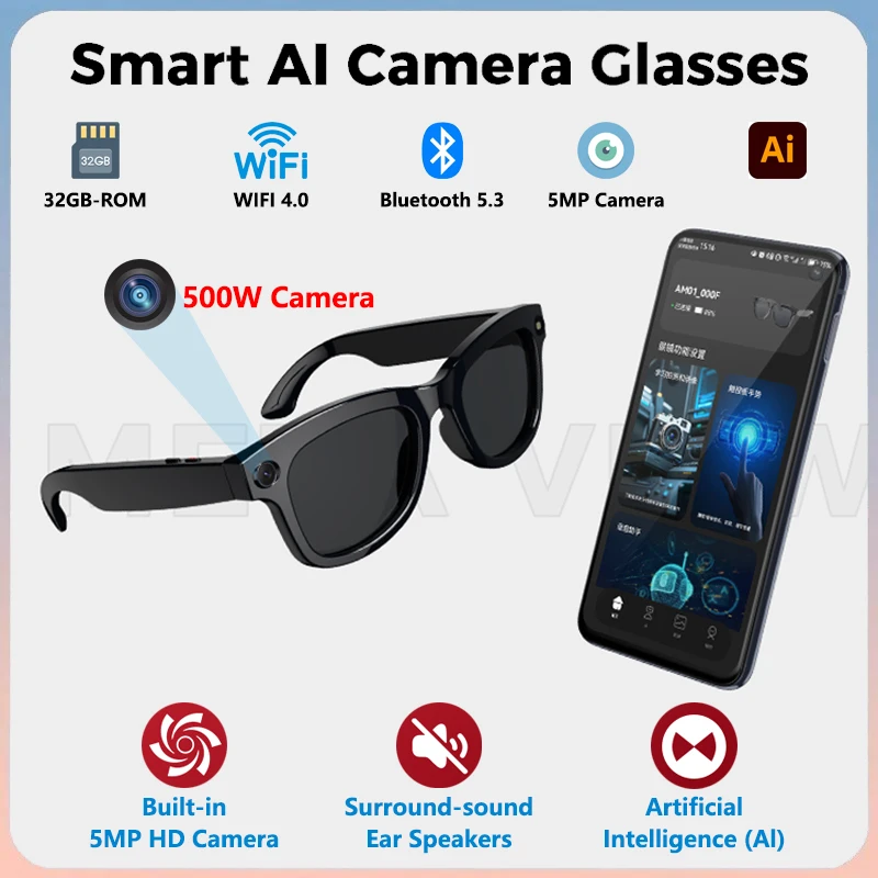 

AI Smart Glasses Voice Assistant Translation 500W 1080P Camera Bluetooth Call Outdoor Sports Headsets Sunglasses For Men Women