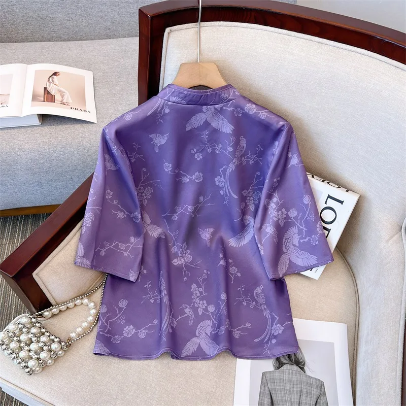 Vintage Chinese Style Women\'s Blouse Plate Button Faux Silk Purple Shirt Short Sleeve Five-Quarter Sleeve Tops Women\'s Clothing