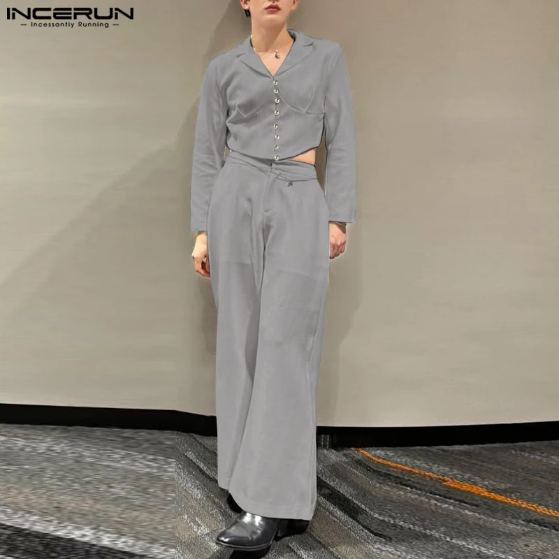 

INCERUN Men Sets Solid Color Lapel Long Sleeve Crop Blazer & Pants Two Pieces Sets Streetwear 2025 Fashion Casual Men's Suits