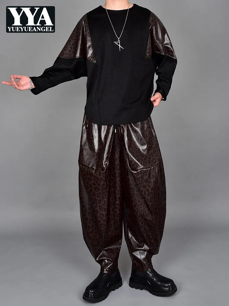 Fashion Men Spring New Spliced Pu Leather Leopart Printed Two Piece Set Long Sleeve Tops Harem Pants Matching Set Hip Hop Outfit