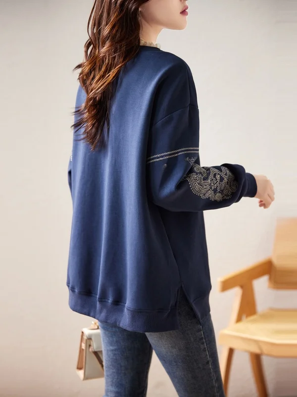 Schweres, besticktes, rundes Ne-Sweatshirt mit Spitze für Damen in Übergröße, lockeres, lässiges, langes Sve-Top für den Herbst 2025,