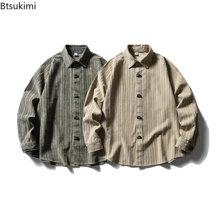 

2025 Men's Pure Cotton Japanese Retro Corduroy Shirts Lapel and Horn Button Striped Long Sleeved Shirts for Men Mens Clothing