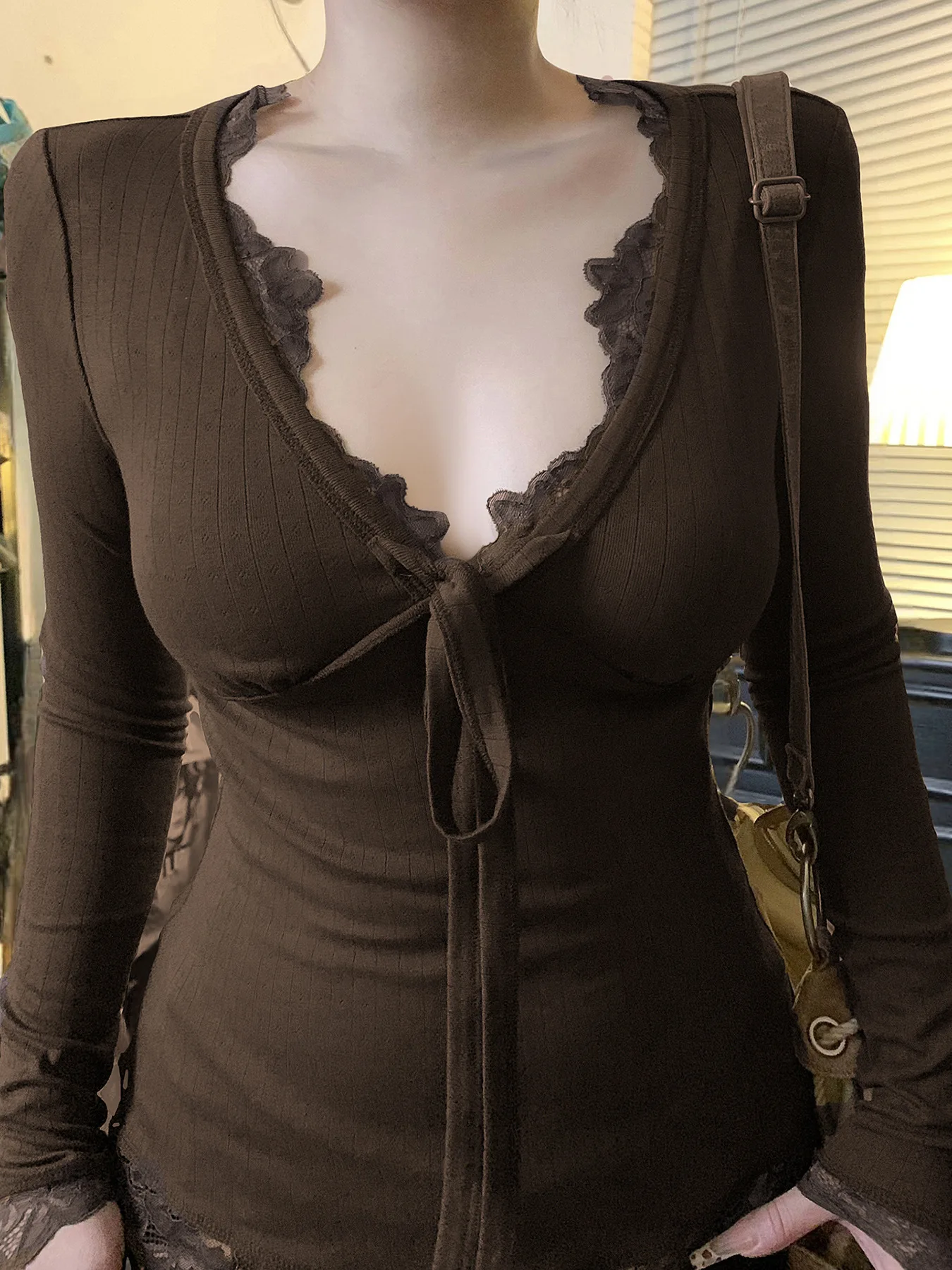 

Women's 2026 New American Retro Lace Trim Deep V Neck Long Sleeve T Shirt Trendy Top