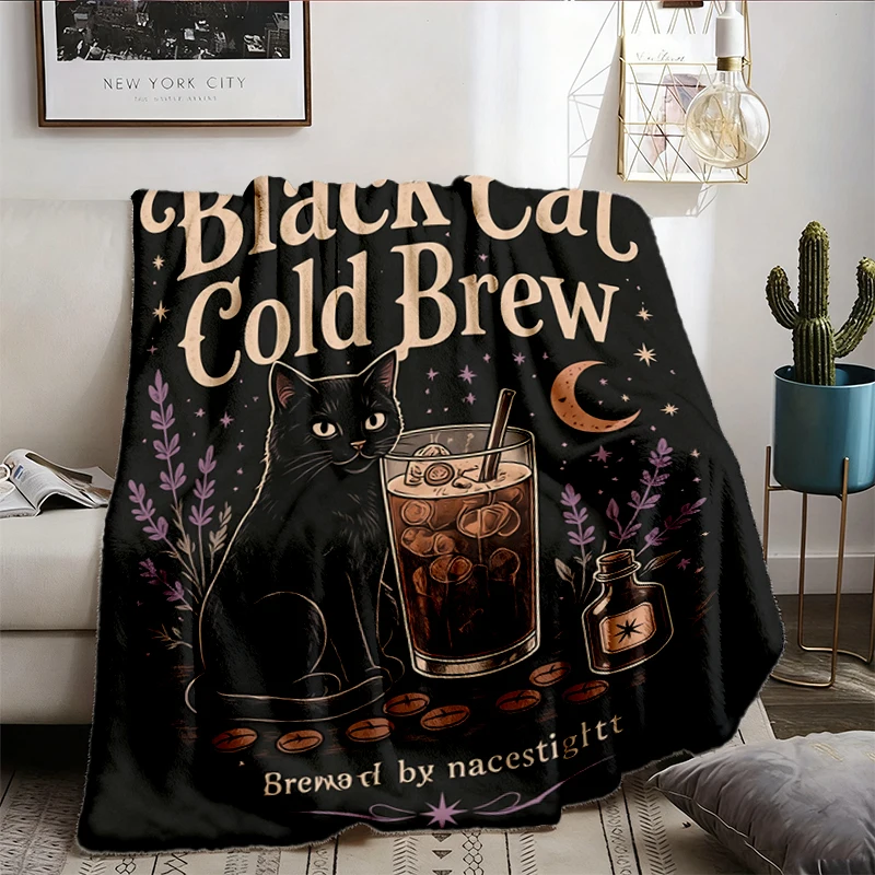 Black Cat Cold Brew Warm Blanket, Halloween Soft Blanket, Witchy Black Cat Comfy Blanket, Spooky Coffee Flannel Blanket