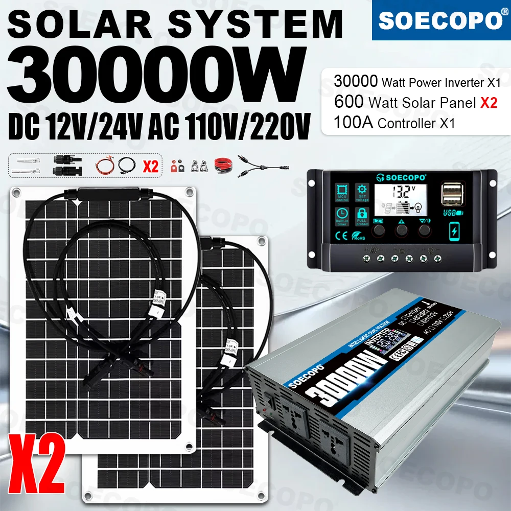 Whole-Home 30000W Solar Backup Generator | 2Panels 100A Controller | Dual-Voltage Inverter for Power Outages Caravan Sailboat