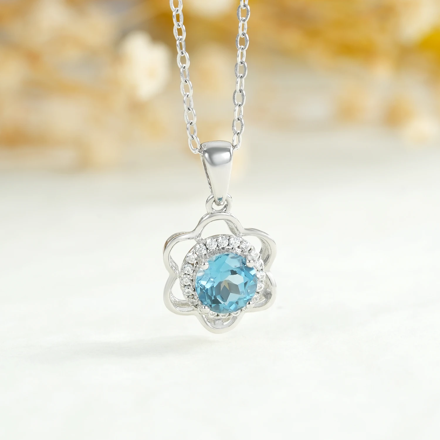 SILE Trendy Sterling Silver 925 Flower Pendant Necklaces Women Natural Swiss Blue Topaz Hanging Clavicle Chain Luxury Jewelry