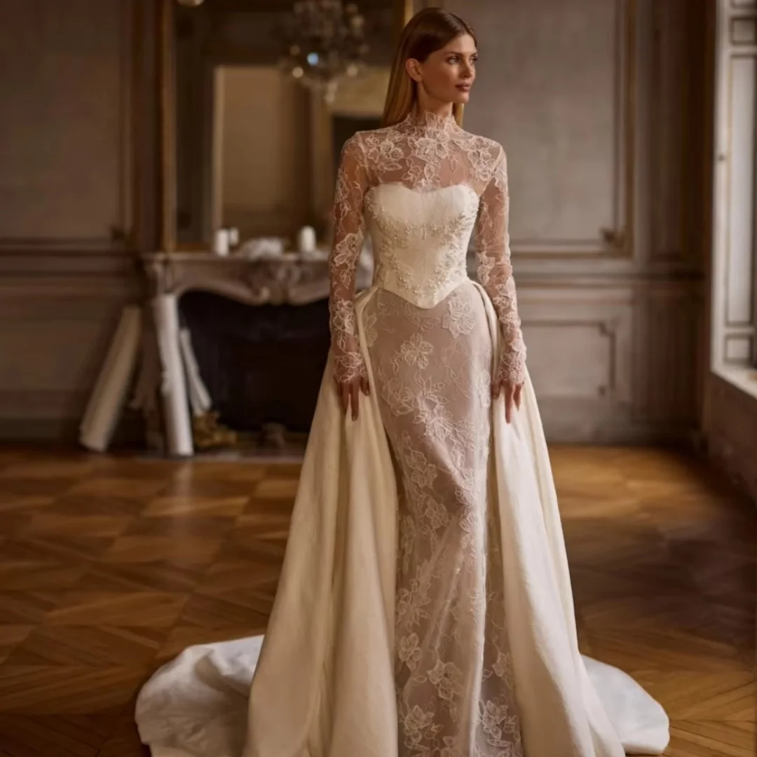 New Detachable Sleeve Train Beaded Long Wedding Dress Charming Illusion Mermaid Bridal Gown Customized Luxury Dresses For Bride