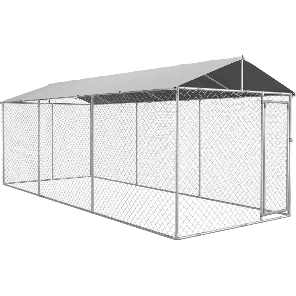 

Durable Outdoor Dog Kennel with Waterproof Cover, Galvanized Chain Link, Secure Lock for Large Dogs, Chickens, Ducks, 20' x 7.5'