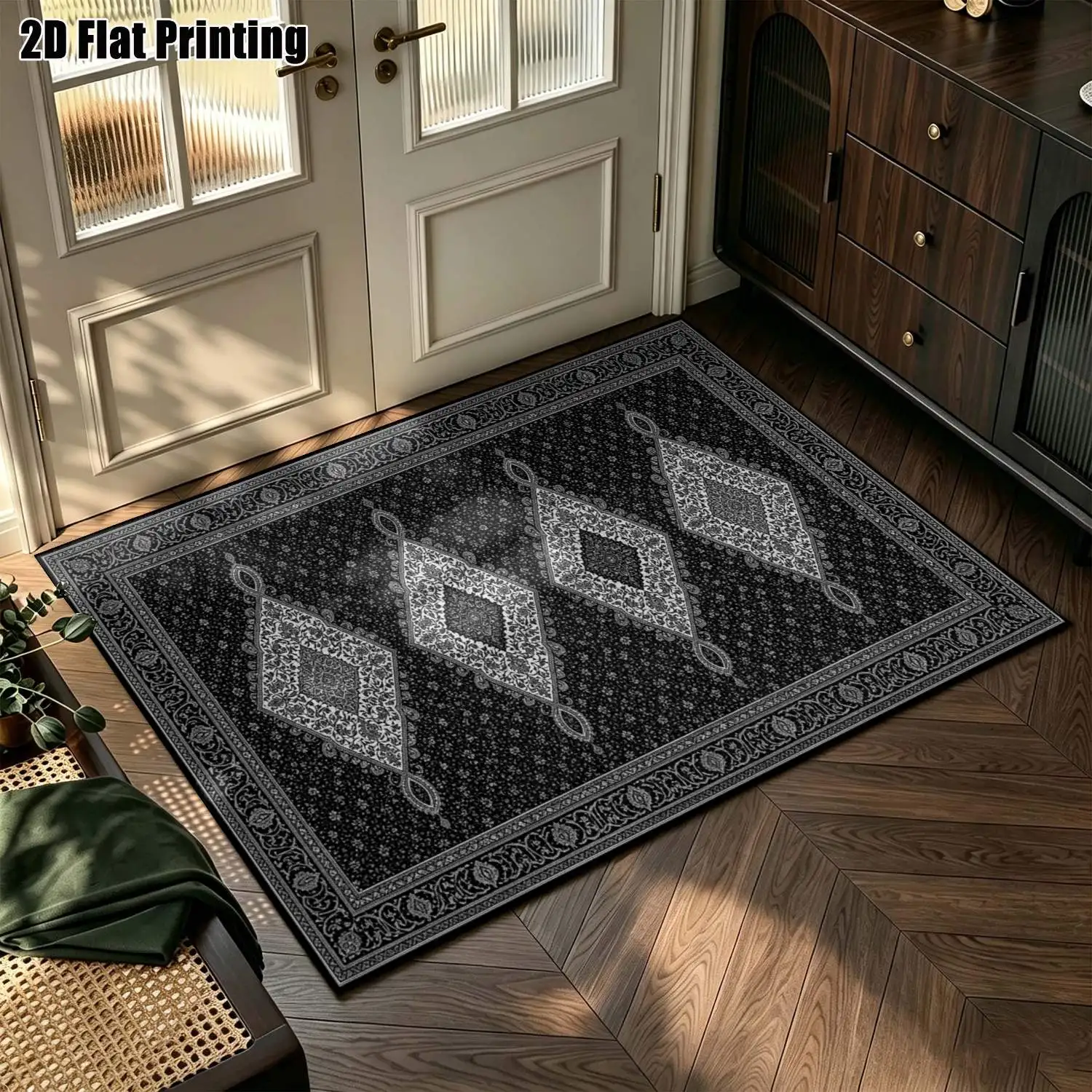 1Pc 2D Printed Black & Gray Retro Diamond Geometric Carpet, European Style, Multi-Size Machine Washable, for Home Decor & Multi-Scene Use