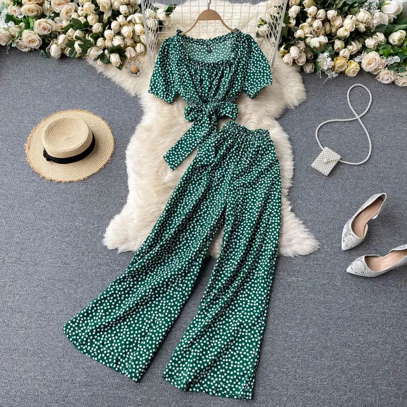 Women Summer Chic Korean Suit Sexy O Neck Chiffon Short Tops+High Waist Wide Leg Split Long Pants Two Piece Set