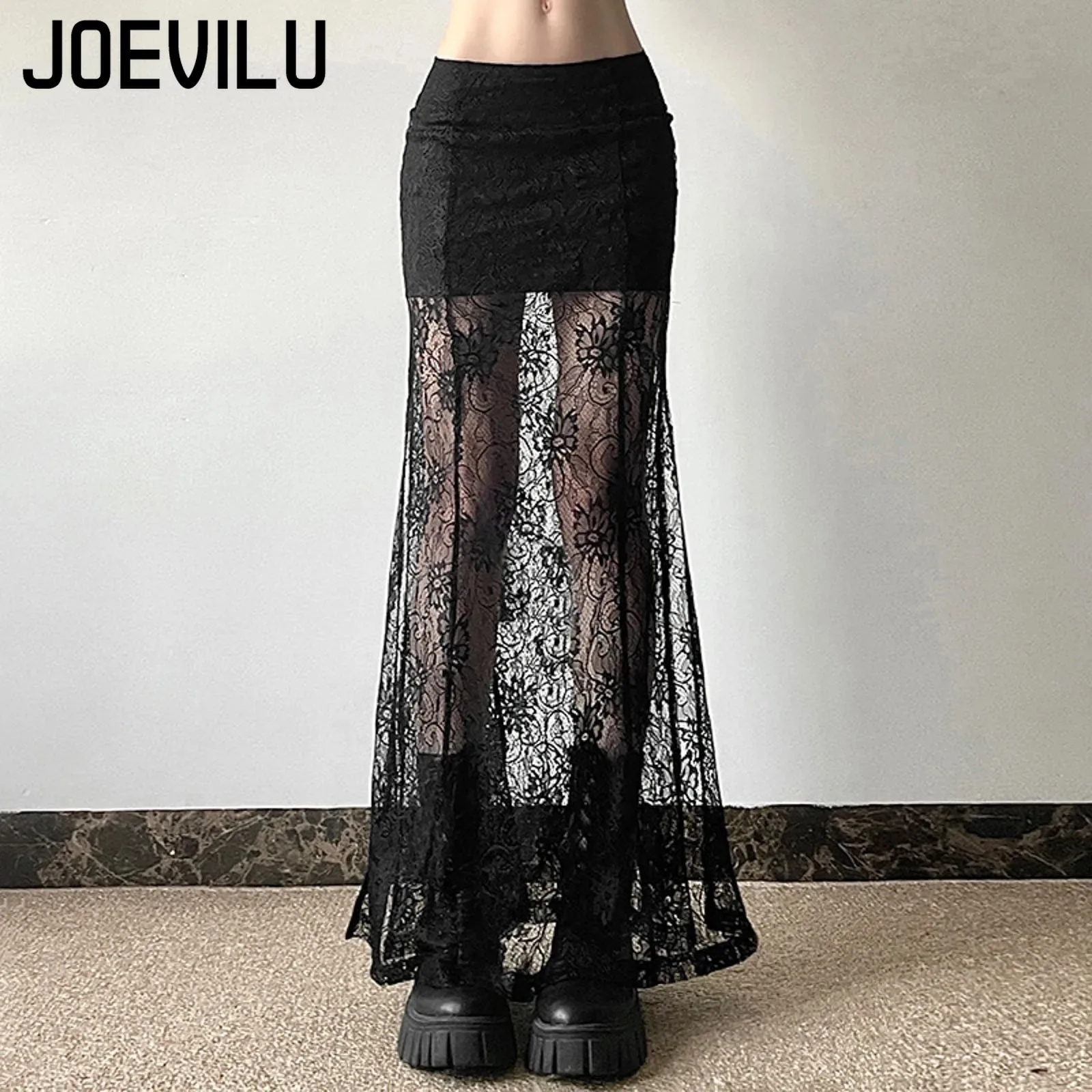 

French Lace Trim High Waist Slim-Fit Pencil Long Skirt Women Sexy Slit Sheer Hollow Design Ladies Bodycon Evening Party Skirts