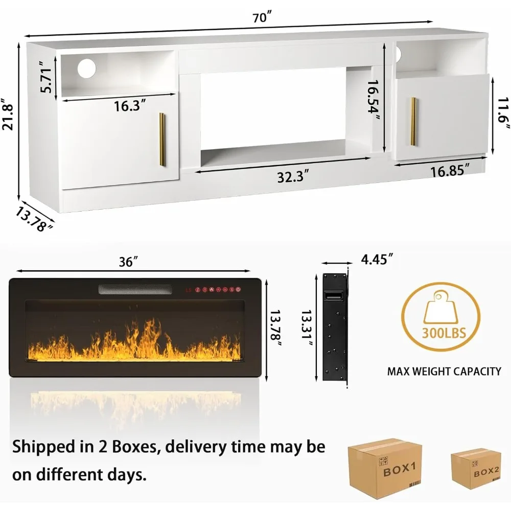 Suporte de TV com lareira elétrica de 70 polegadas para sala de estar - centro de entretenimento LED branco com inserção de lareira de 36 polegadas