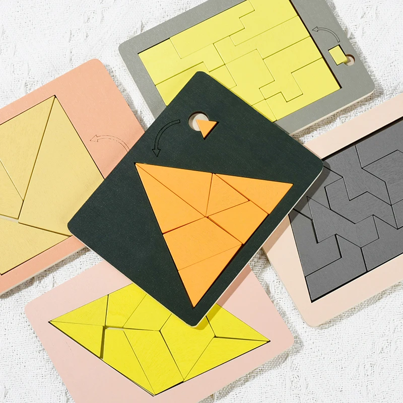 Wooden Puzzle Blocks Geometric Tangram Brain Teasers Jigsaw 3d Logic Iq Game Colorful Shape Pattern Educational Toys Gift