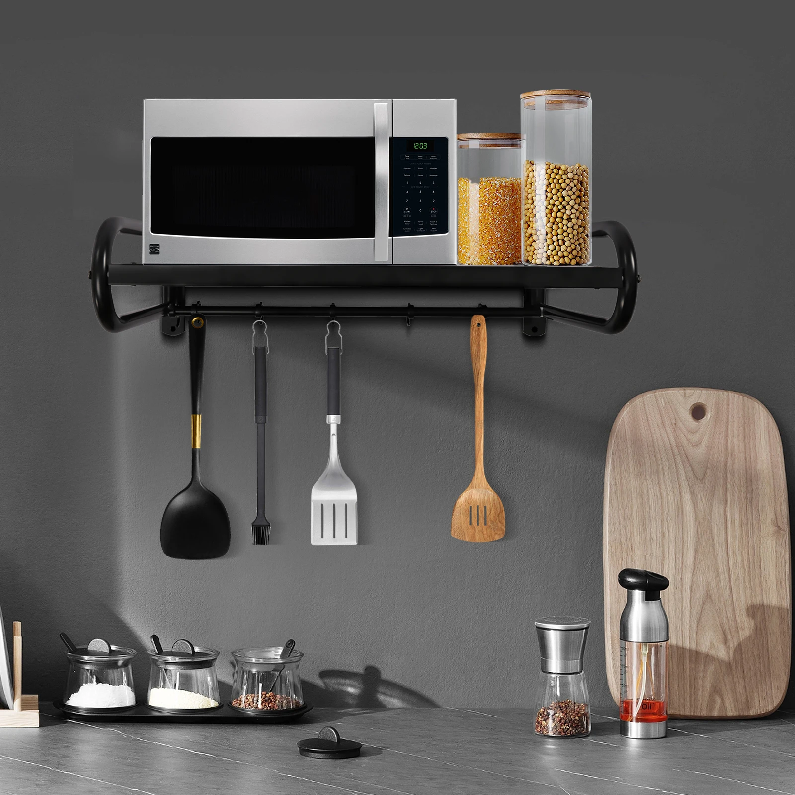 

Wall-Mount Microwave Oven Rack, Heavy-Duty Carbon Steel, Large Shelf 18.9'' x 14.96'', Space-Saving Kitchen Organizer, Easy to I