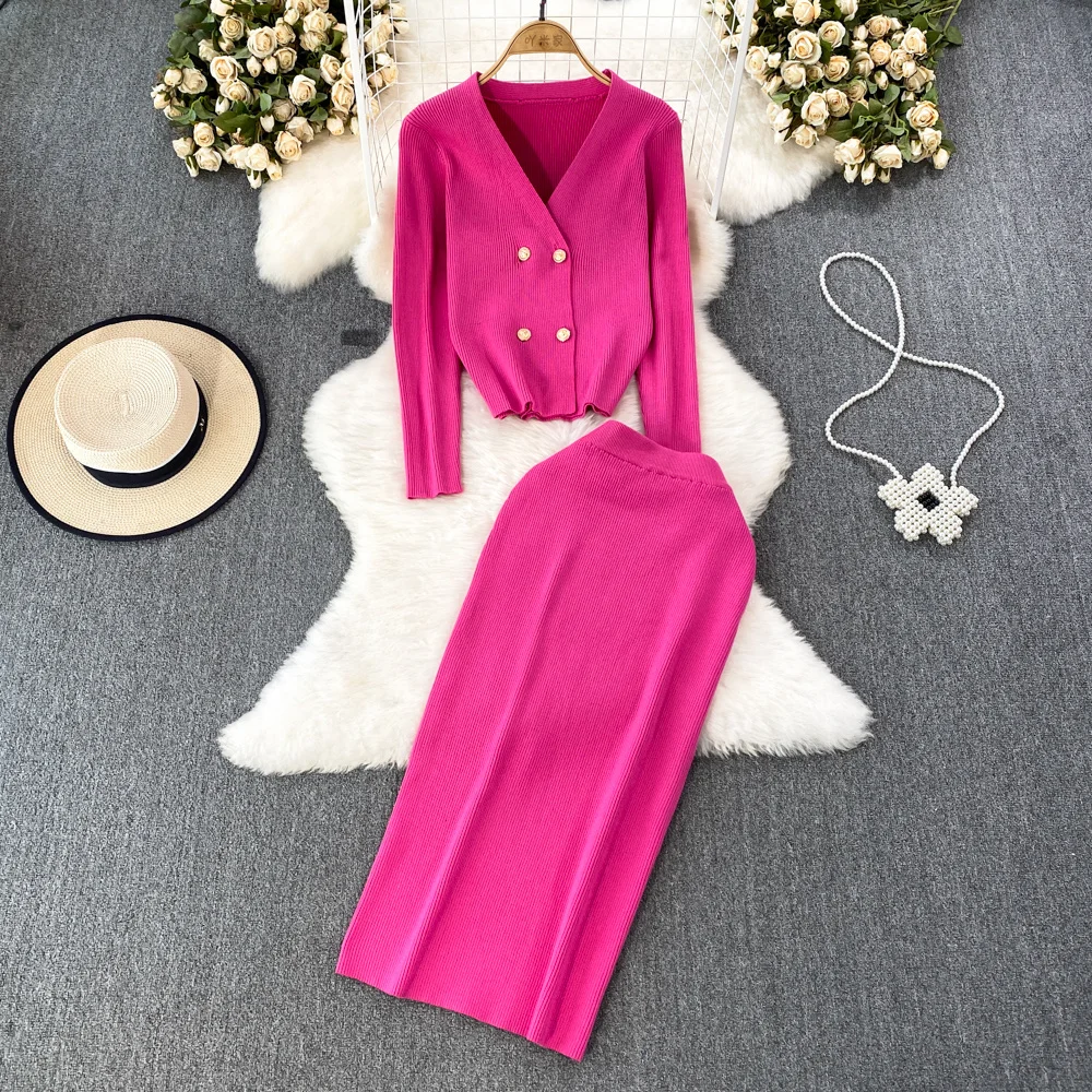 

Women Autumn Winter Knit Two Pieces Set Solid V Neck Double Breasted Long Sleeve Sweater Top and Elastic Waist Midi Skirt Suits