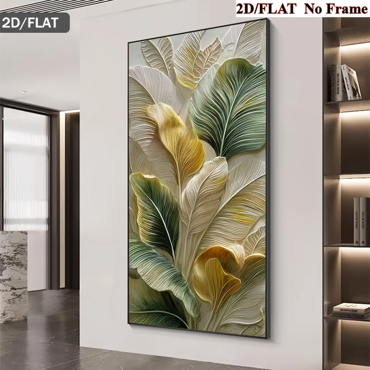Frameless Leaf Wall arts, Canvas Poster - Modern Botanical Leaf Vein Texture Painting with Light Beige & Yellow-Green Gradient S