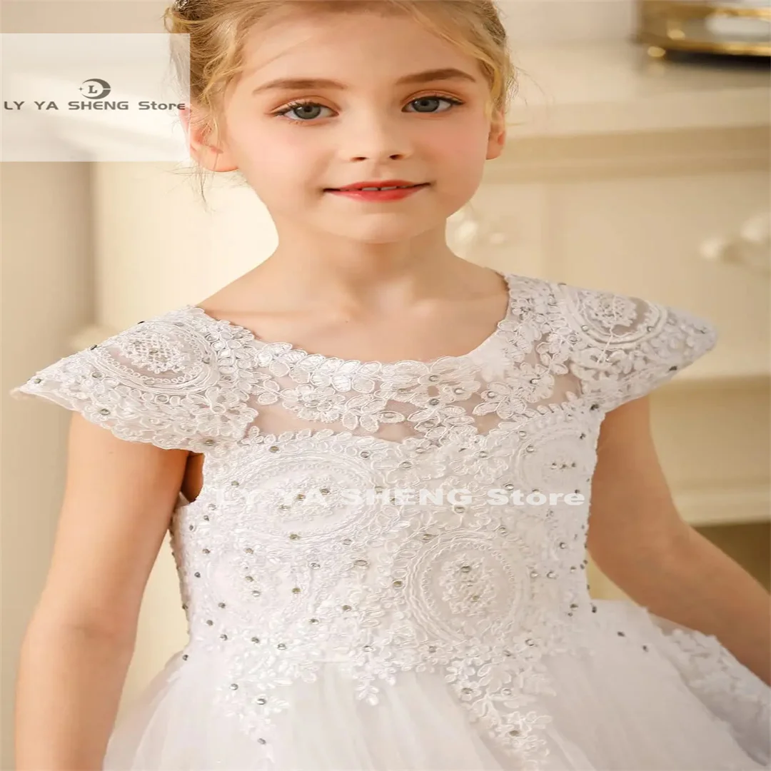 White Fower Girl Dresses For Wedding Cap Sleeves Pagenat Dress Long Toddlers Beaded Lace Applique abiti da prima comunione