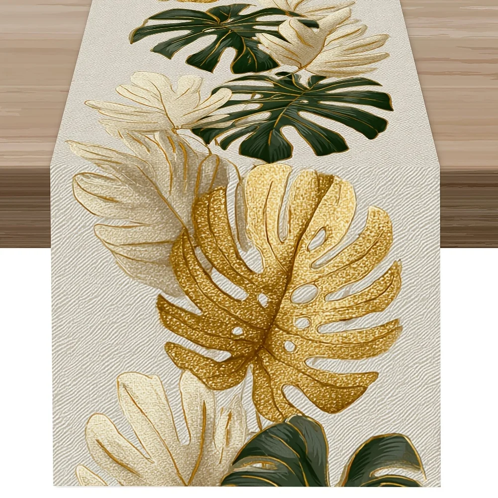 Table Runner 1pc, Gorgeous Golden Tropical Monstera Leaf Pattern Printed Table Runner, Latest Summer Table Runner, Modern Light
