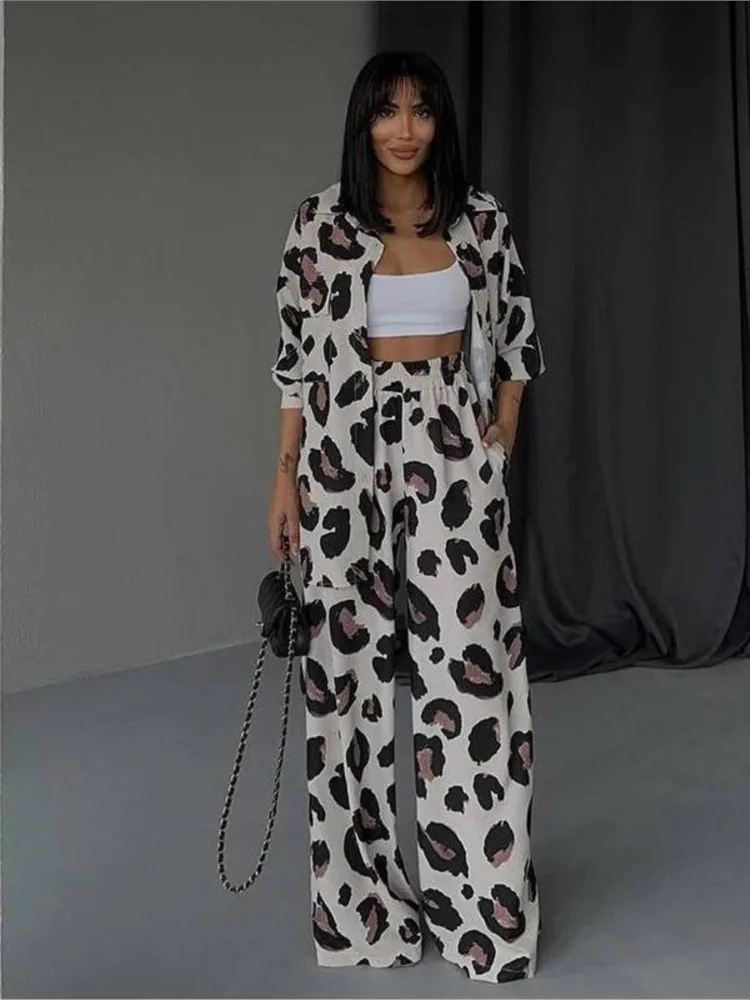 Fashion Lapel Long-sleeved Single-breasted Shirt Top + Wide-leg Pants 2-piece Set Women Autumn Leopard Print Loose Suit Female