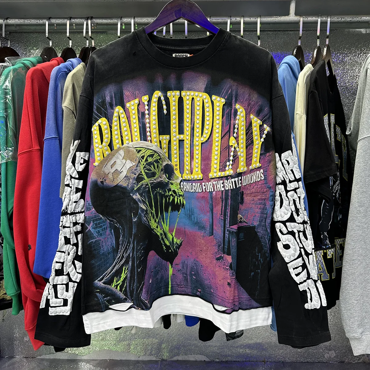 Rough Play Retro Skeleton Print Cotton Long Sleeve T-Shirt Washed Patchwork Hole Youth Trendy Brand Street Style Citywalk