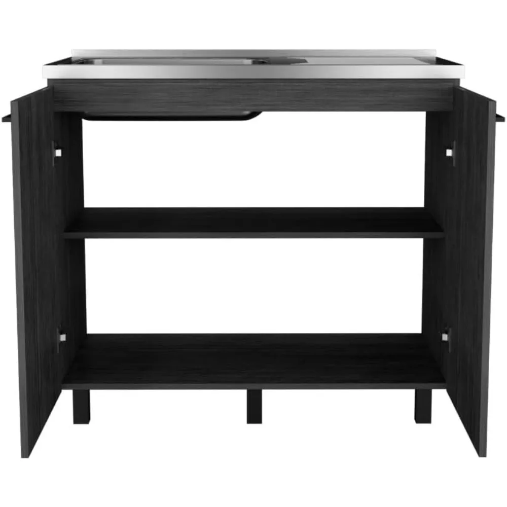 Set of 2 Smoked Oak Kitchen Sink Cabinets for Drop-in Sinks, Smart Design with Stainless Steel Top