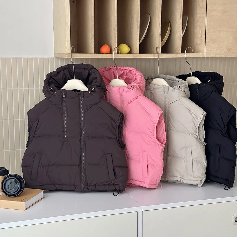 

Hooded Cotton Vest Autumn and Winter New Velvet Casual Warm Solid Color Korean Double Zipper Short Vest Jacket