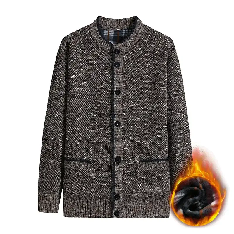 Middle-aged Elderly Men's New Autumn Winter Thick Velvet Warm Round Neck Knitted Sweater