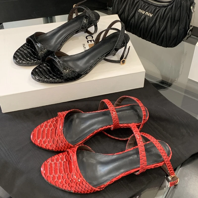 SUOJIALUN 2025 Summer new Brand Women Sandal Fashion Red Ankle Strap Ladies Elegant Gladiator Shoes Thin Low Heel Dress Pumps Sh
