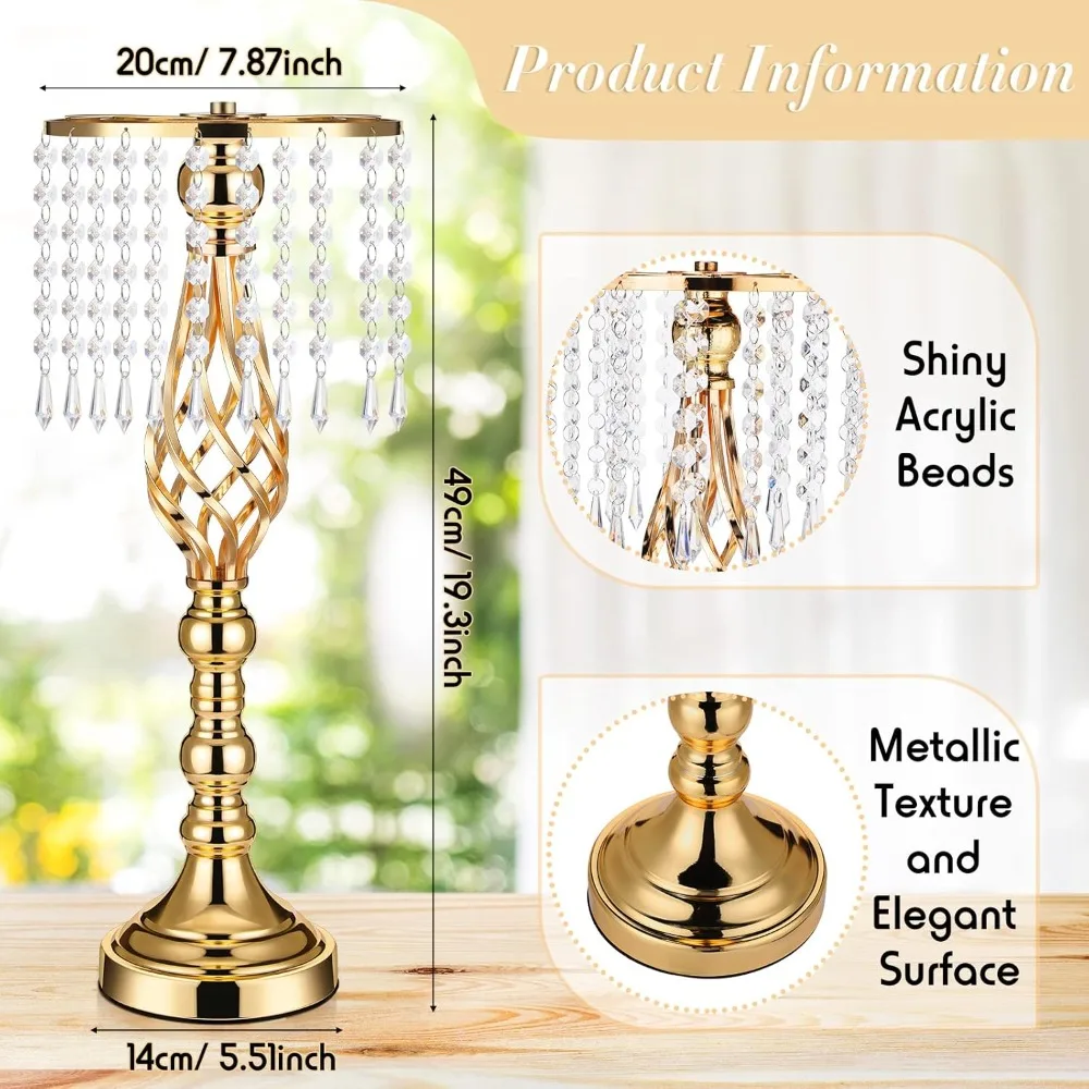 12 Pcs Gold Wedding Centerpieces for Table Gold Crystal Flower Stand 19.3 inch Tall Flower Vase with Chandelier Flower Holders