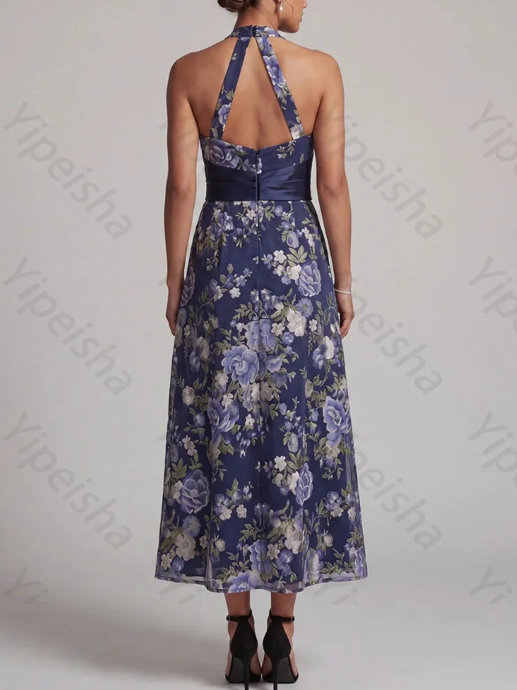 Customized Navy A-Line Halter Sleeveless Mother of The Bride Dresses Sexy Backless Evening Dress High Quality Prom Party Gowns