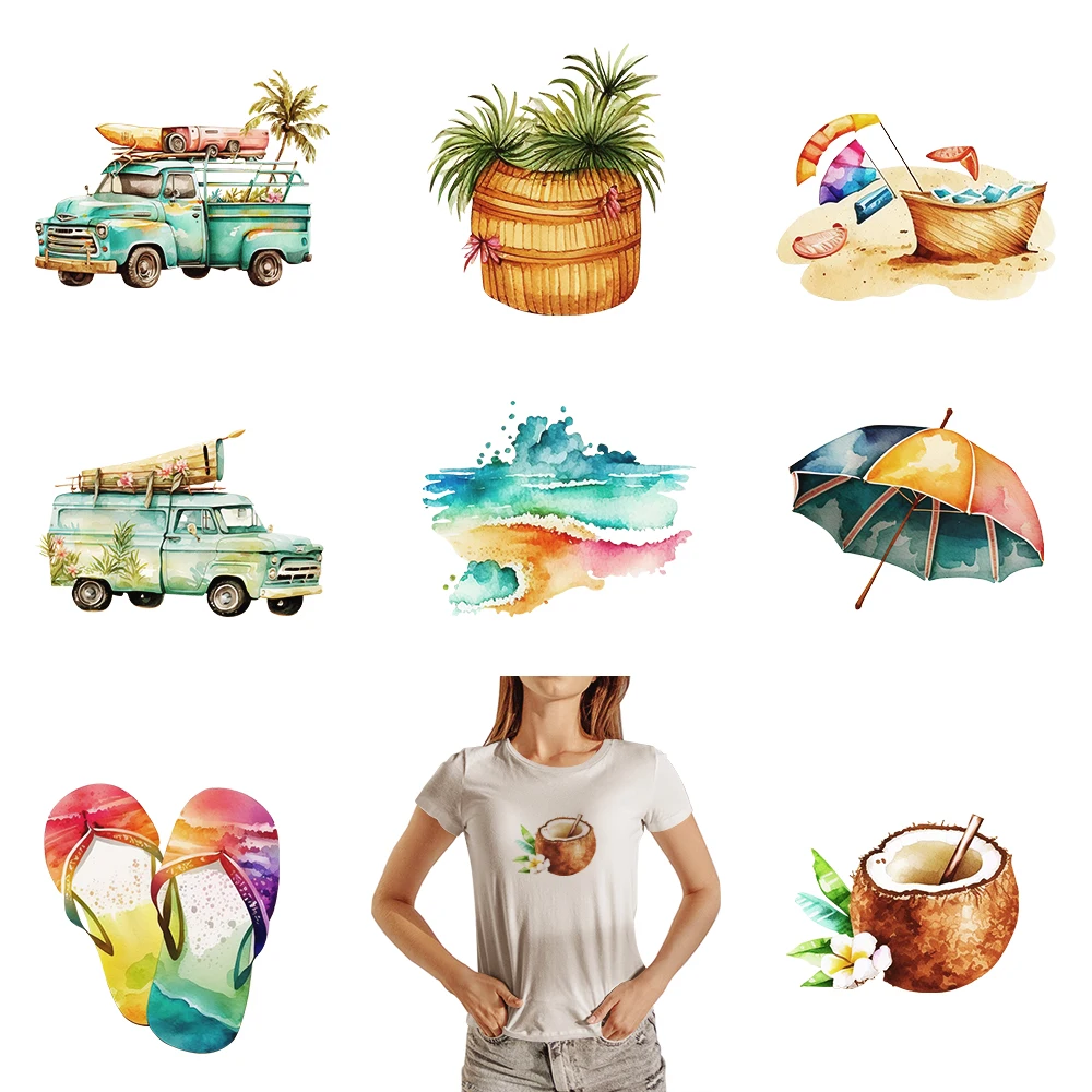 Travel Beach Umbrella Slippers Truck Coconut Iron on Patch Iron on Transfers for T Shirts Dtf Transfer Ready Press DIY Apparel