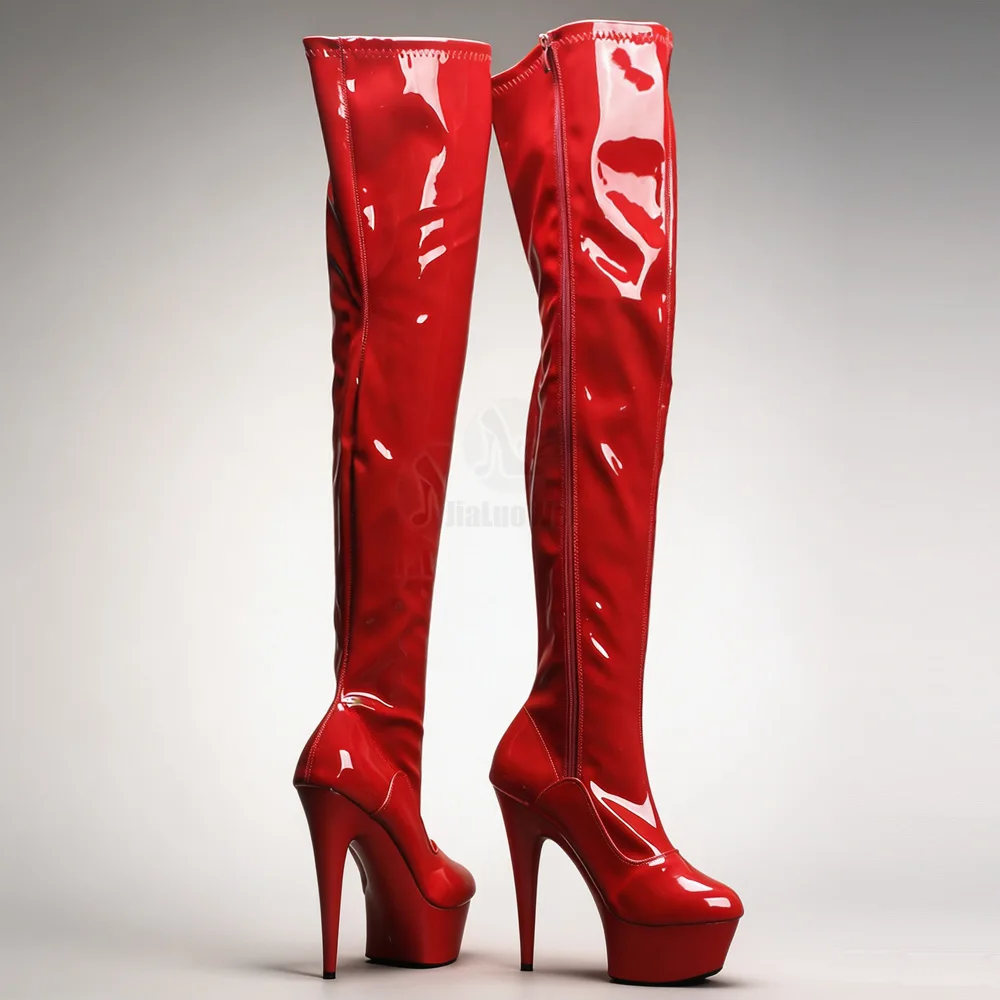 Botas de tacón de aguja con plataforma y caña ancha de cuero rojo brillante para mujer, con cremallera elástica, calzado para fiestas y discotecas.
