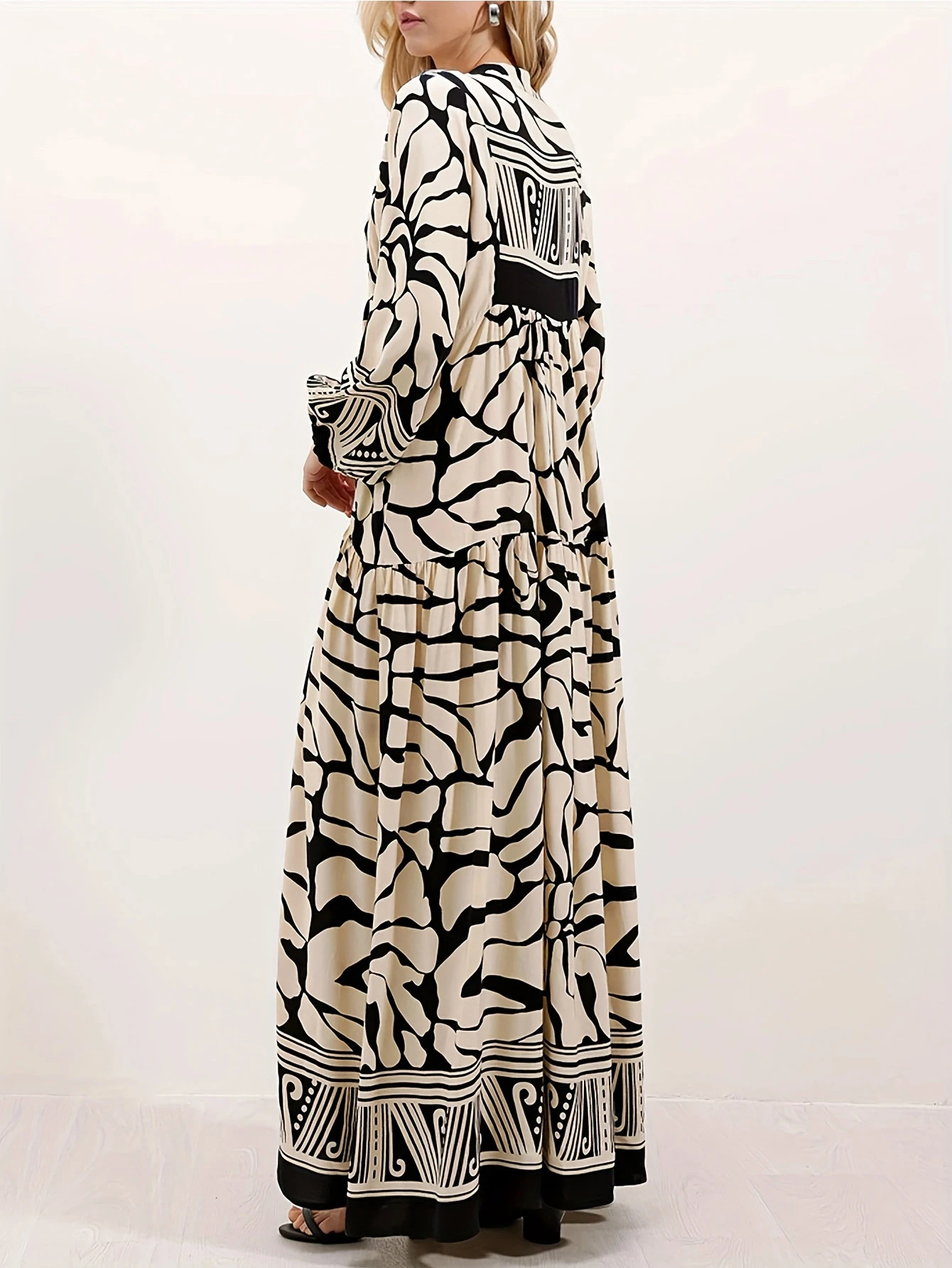 Faionable Casual Stampato V-Ne Lungo Sve Dr Vita ampia Gonna a trapezio Tessuto in poliestere Estate Donna Dr