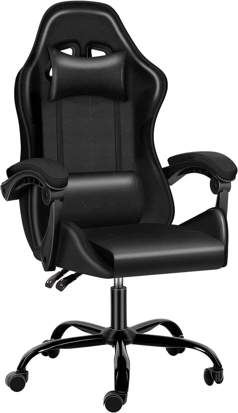 Ergonomic electronic gaming chair with adjustable swivel office chair, headrests, and lumbar support in racing style， Black