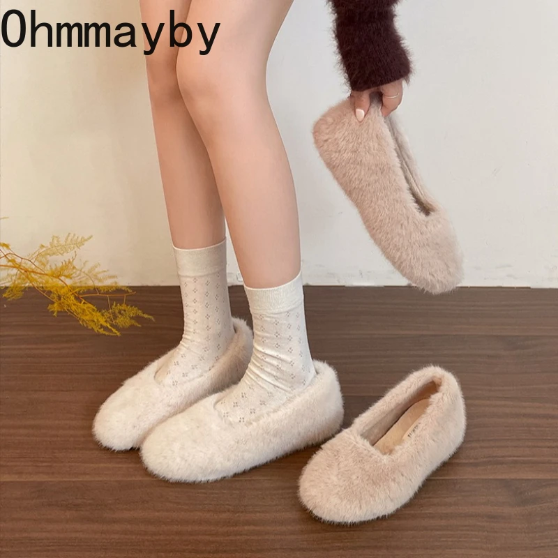 أحذية نسائية مسطحة من القطن الدافئ من الفرو مريحة ونعل ناعم قصير من القطيفة أحذية ماري جين للارتفاع الداخلي في الهواء الطلق أحذية شتوية سهلة الارتداء