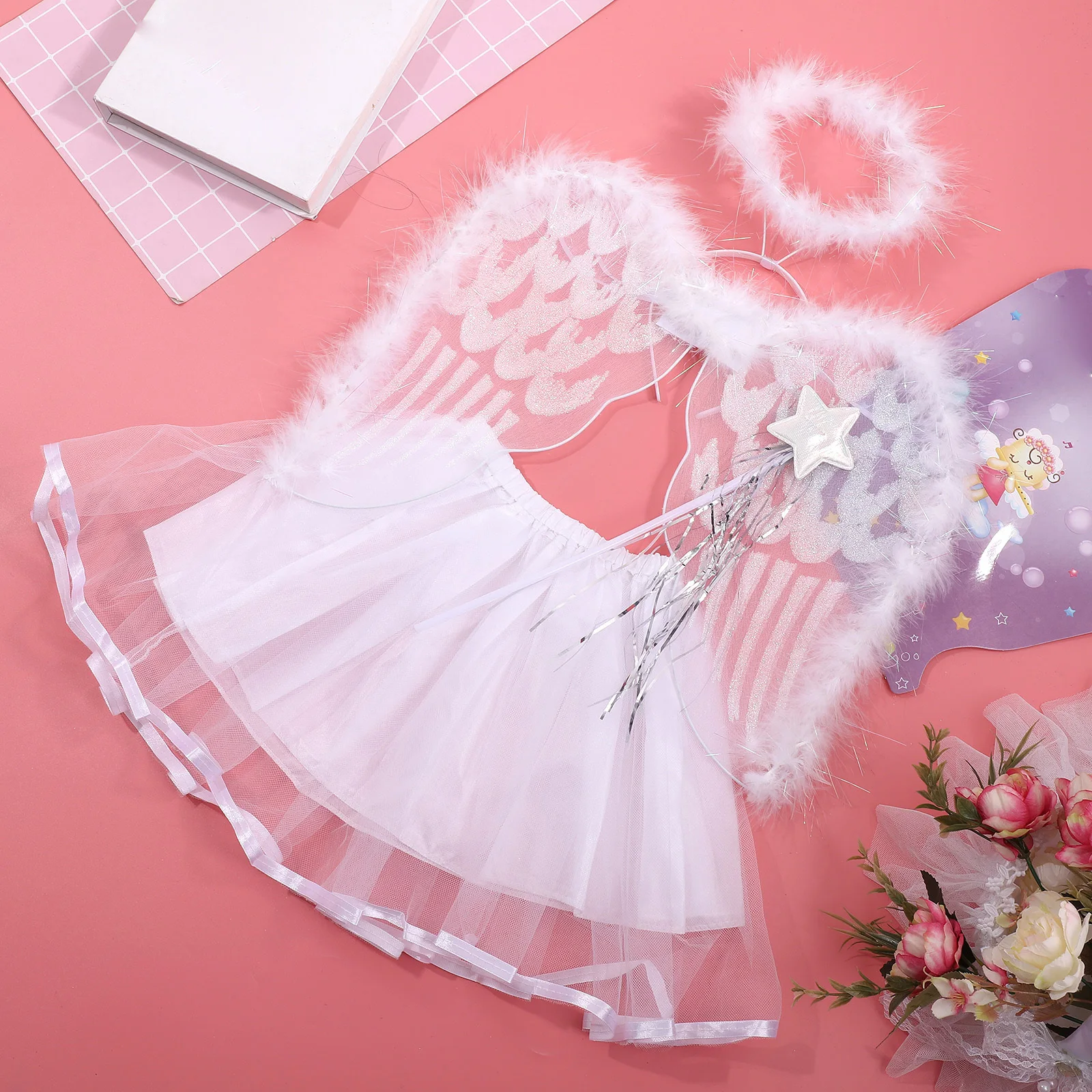 4Pcs Angel Fairy Costume Set Wings Headband Wand Tutu Skirt Perfect for Girls Cosplay Party Birthday Angel Fairy Costume