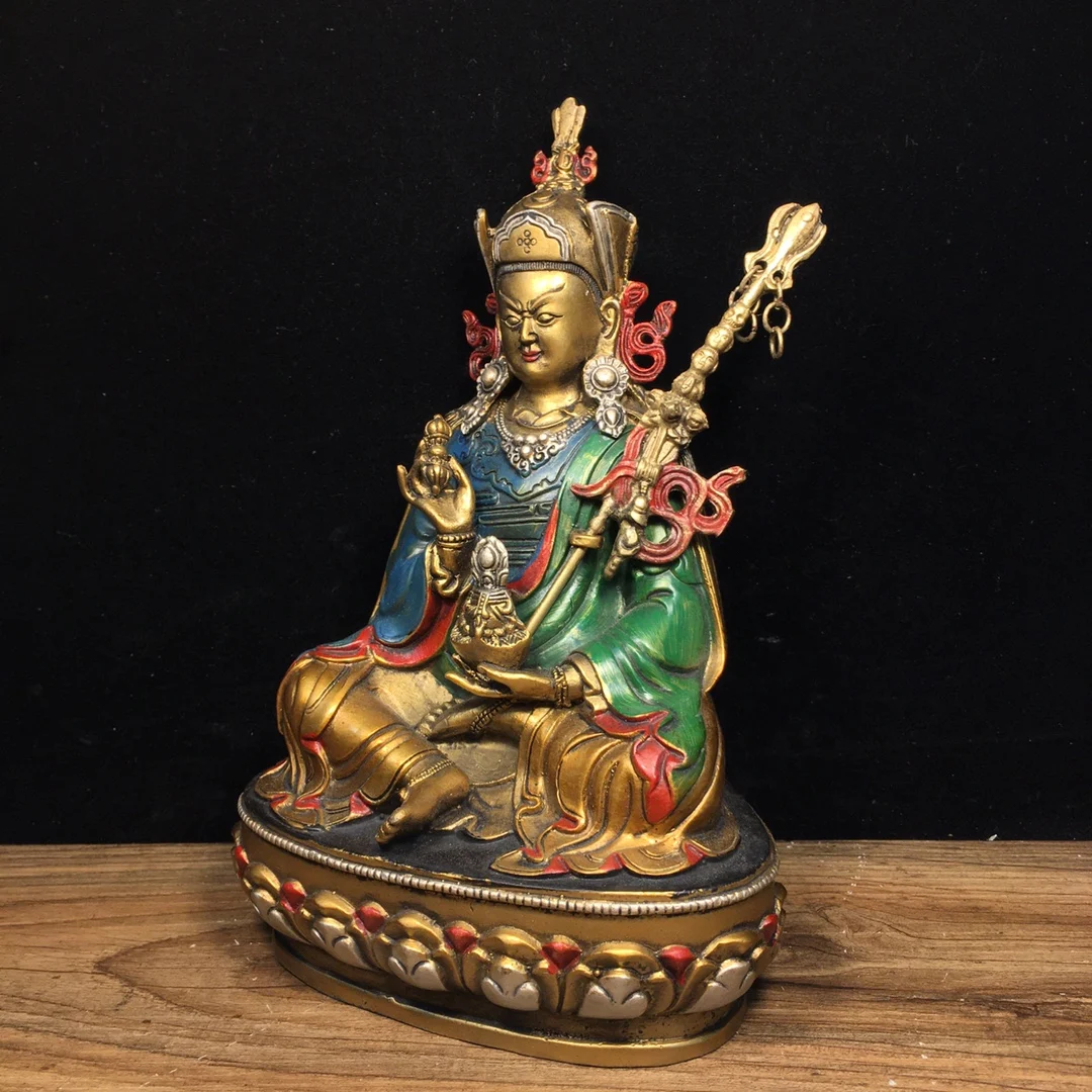 Buddha statue Pure copper painted lotus master Length 13.4cm, width 9cm, height 20cm, weight 915 grams