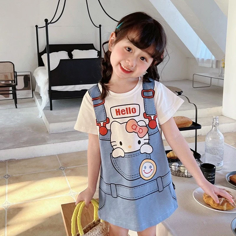 Sanrio New Girls Summer Dress Fashion Cartoon Cute Hellow Kitty Printed Dresses Girls Short Sleeve Princess Dress