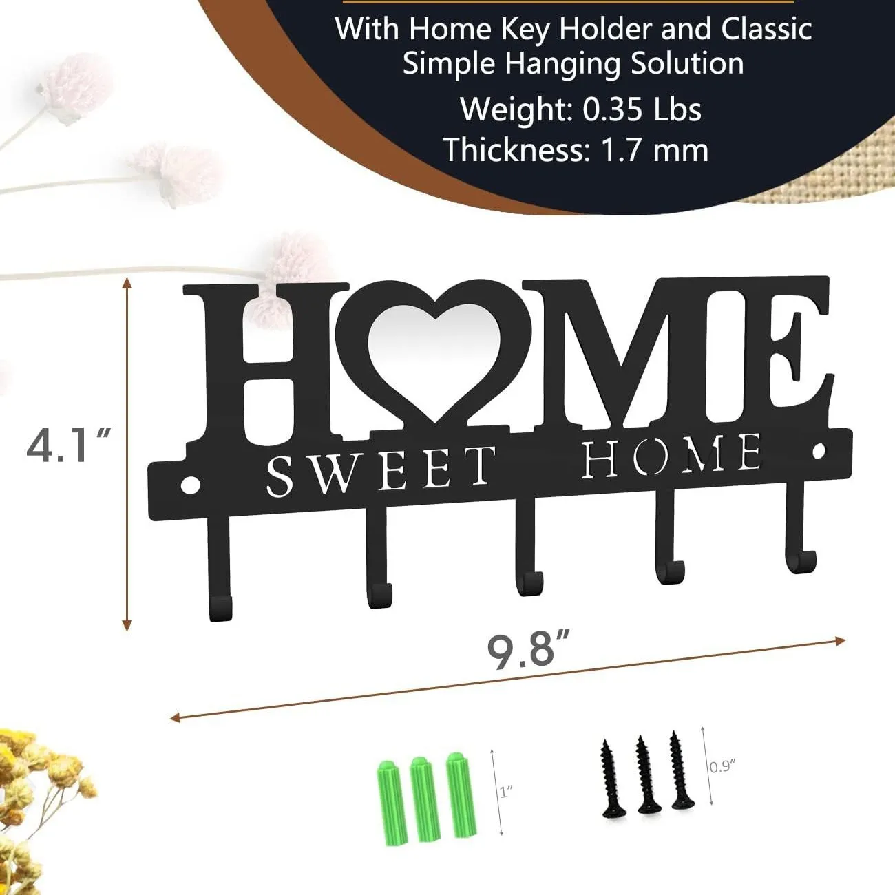 

Key Holder Hooks Organizer Hanger Rack Wall Mounted Home Sweet Home Wall Metal Decor for Entryway Front Door Kitchen