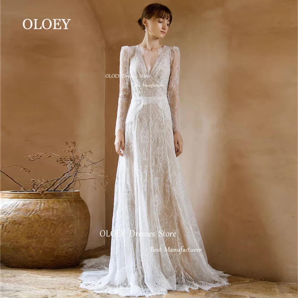 OLOEY Exquisite Lace Wedding Dresses V Neck Floor Length Bridal Gowns Robe De Marriage Zipper Back Button Custom Made