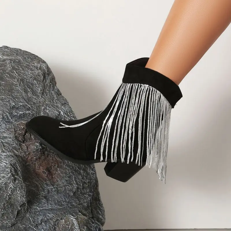 

SIMLOVEYO Женские ботильоны - круглый носок, 5 см, блочные каблуки, флоковая замша, кисточки, повседневный модный стиль, большие размеры, 44-46, весенняя одежда