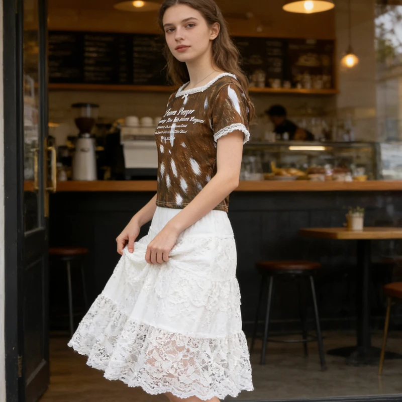 Summer Sweet Cool Retro Brown and White Blended Printed Lace Lace Short Sleeve T-shirt Comfortable and Unique Women's Top