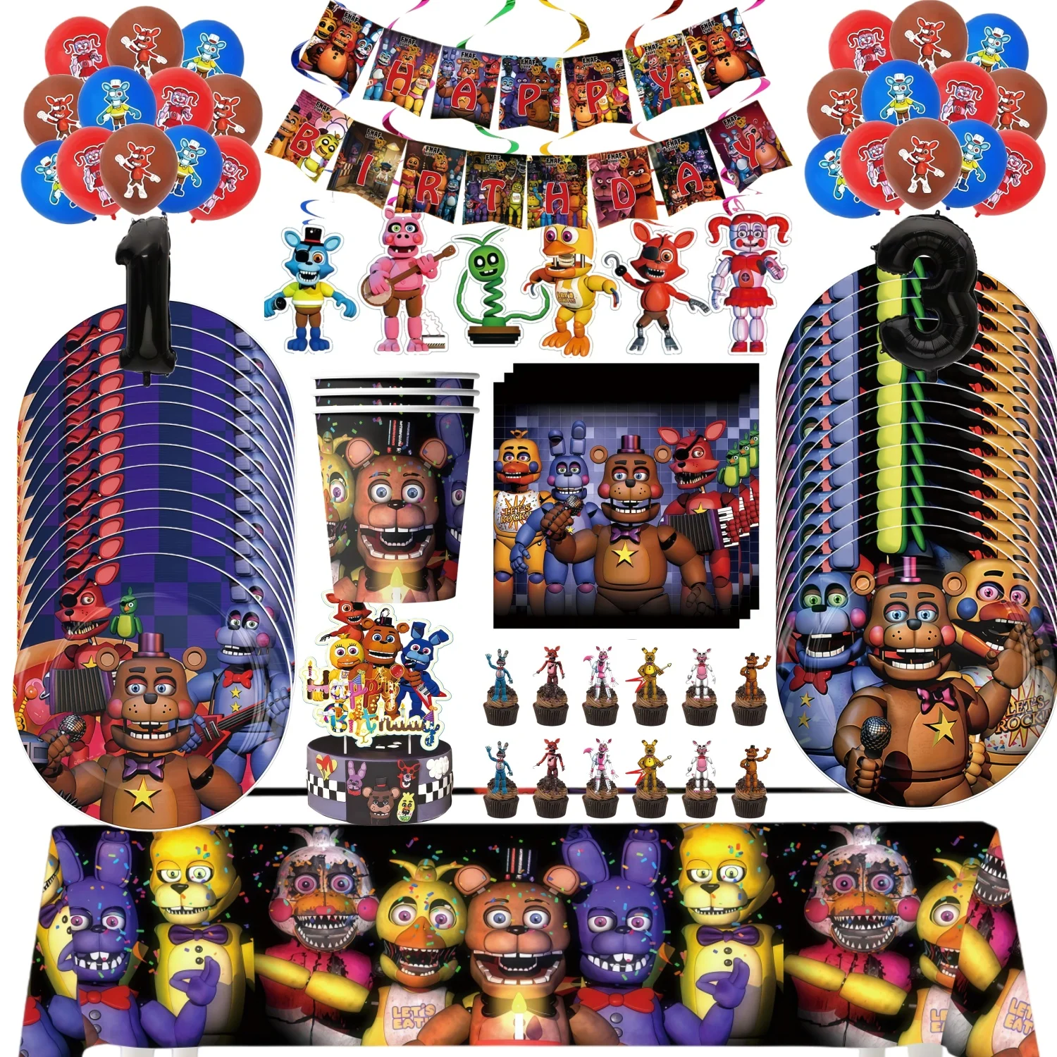 Décorations d'anniversaire Five Nights at Freddy's : Vaisselle, Assiettes, Gobelets, Bannière, Décoration de gâteau, Ballons FNAF pour Enfants et Baby Shower