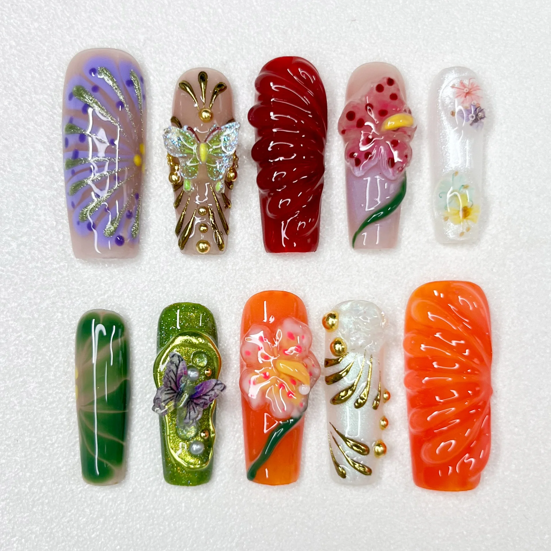 

New Trapezoidal Manicure Floral Style Handmade Fake Nails Medium and Long Style Mandarin Duck Premium Series Nail Ornaments
