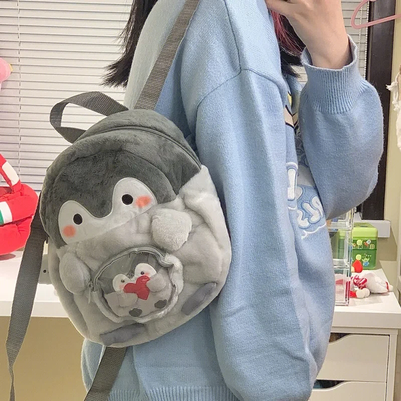 Mochila de pingüino de peluche de muñeca de dibujos animados, monedero transparente portátil para dama, niñas, regalo para niños al aire libre