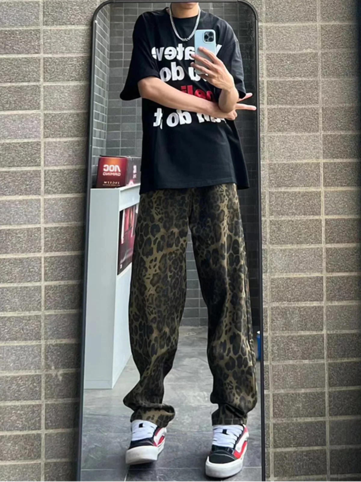 American High Street Leopard Print Men's Jeans Summer Trendy Workwear Straight Leg Hip Hop Pants Youthful Straight Cut Jeans