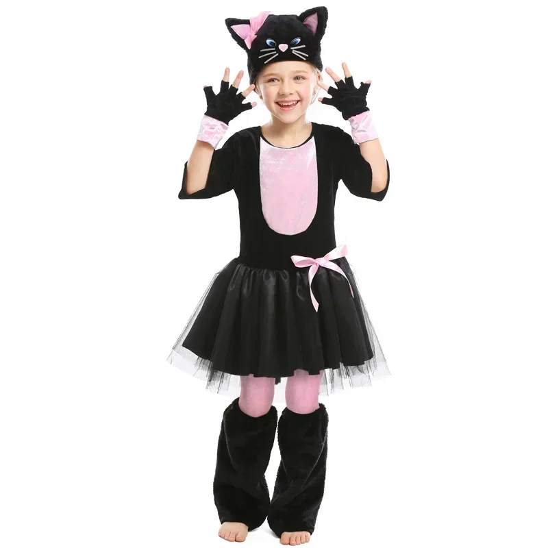 Kids Girls Miss Kitty Costume For Teen Girl Pink Black Cat Dress Suit Halloween Carnival Party Mardi Gras Cosplay